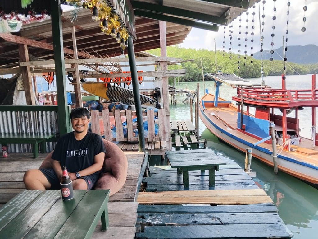 Enjoying seafood and beer at Salak Khok, a fishing village on the southeast of the island.